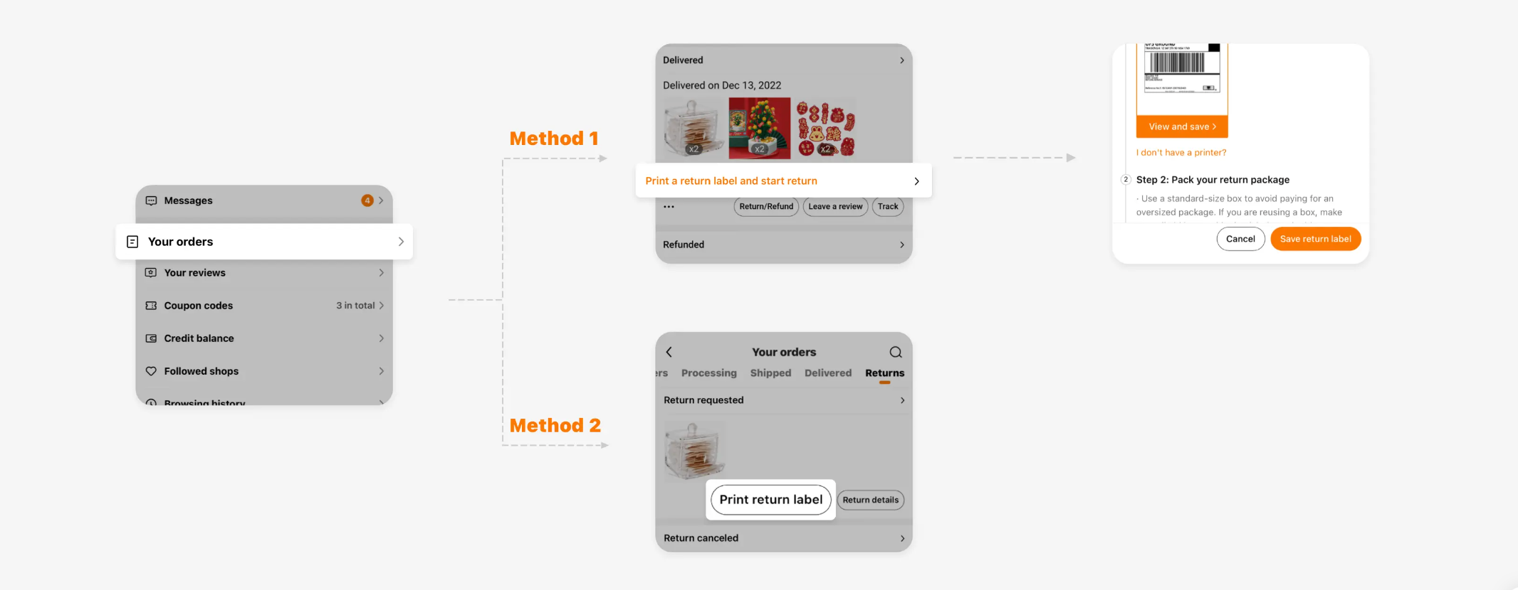 step guides of how to get temu return label